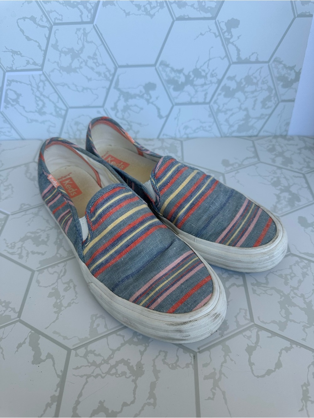Keds Slip-On Flats in Blue Canvas with Multicolor Stripes